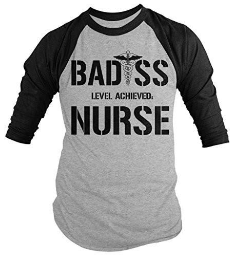 Shirts By Sarah Men's Funny Nurse Tee Bad*ss Level Achieved Hilarious 3/4 Sleeve Raglan Shirt-Shirts By Sarah