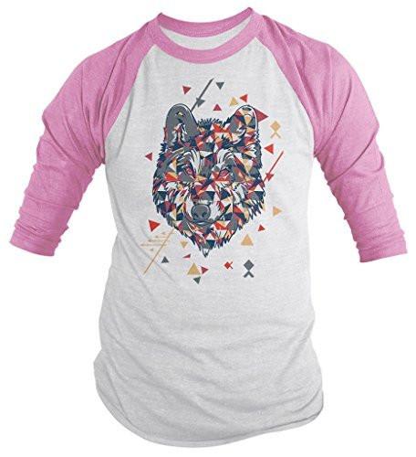 Shirts By Sarah Men's Geometric Hipster Wolf 3/4 Sleeve T-Shirt Wolves Raglan Shirt-Shirts By Sarah