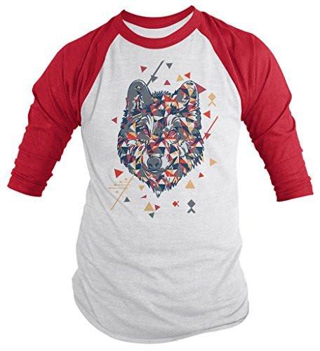 Shirts By Sarah Men's Geometric Hipster Wolf 3/4 Sleeve T-Shirt Wolves Raglan Shirt-Shirts By Sarah