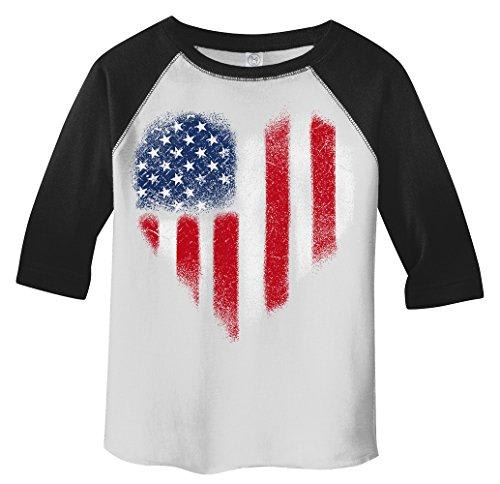 Boy's American Heart Flag T-Shirt 4th July Distressed Tee 3/4 Sleeve Raglan-Shirts By Sarah