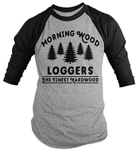 Shirts By Sarah Men's Funny Offensive Lumberjack Shirt Morning Wood Loggers 3/4 Sleeve Shirts-Shirts By Sarah