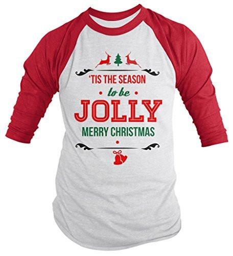 Shirts By Sarah Men's Christmas Shirt Tis The Season Jolly 3/4 Sleeve Raglan Shirts-Shirts By Sarah
