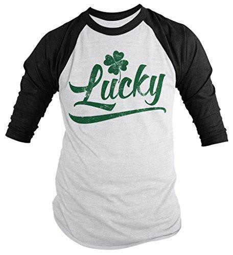 Shirts By Sarah Men's Saint Patrick's Day Lucky Irish Clover Shirt 3/4 Sleeve Raglan Shirts-Shirts By Sarah