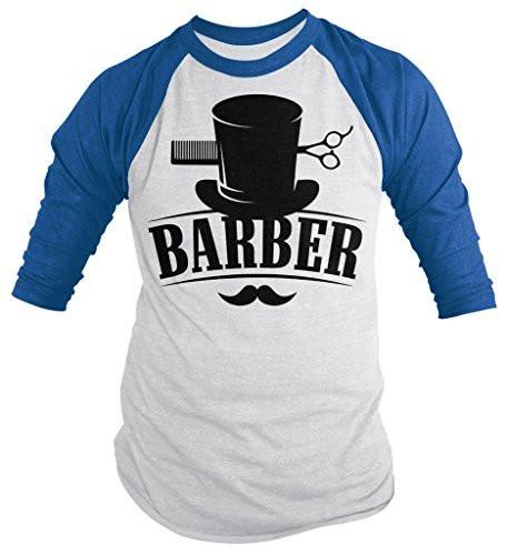Shirts By Sarah Men's Barber Shirt Top Hat Vintage Hipster Mustache 3/4 Sleeve Shirts-Shirts By Sarah