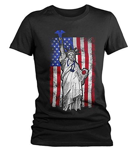 Women's Patriotic Nurse T-Shirt Statue Liberty Shirt Stethoscope Caduceus Shirt-Shirts By Sarah