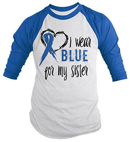 Shirts By Sarah Men's Blue Ribbon Shirt Wear For Sister 3/4 Sleeve Raglan Awareness Shirts-Shirts By Sarah
