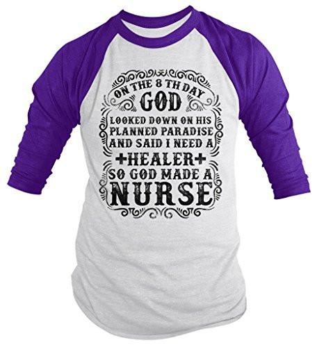 Shirts By Sarah Funny Nurses On 8th Day God Created Nurse Healer 3/4 Sleeve Raglan-Shirts By Sarah