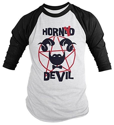 Shirts By Sarah Men's Funny Horny Devil Shirt Hilarious 3/4 Sleeve Raglan Hipster Shirts-Shirts By Sarah