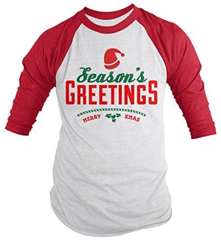 Shirts By Sarah Men's Christmas Shirt Seasons Greetings Merry Xmas 3/4 Sleeve Raglan Shirts-Shirts By Sarah