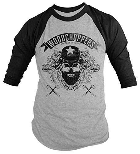 Shirts By Sarah Men's Grunge Urban Lumberjack 3/4 Sleeve Raglan Shirt Woodchoppers Skull-Shirts By Sarah