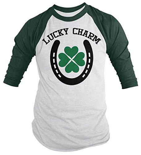 Shirts By Sarah Men's Lucky Charm St. Patrick's Day Horseshoe 3/4 Sleeve Raglan Shirts-Shirts By Sarah