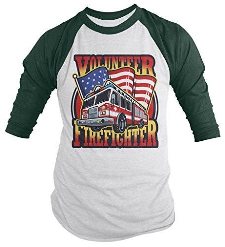 Shirts By Sarah Men's Volunteer Firefighter Shirt 3/4 Sleeve Raglan Fire Truck Shirts-Shirts By Sarah