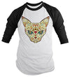 Shirts By Sarah Men's Cat Sugar Skull T-Shirt 3/4 Sleeve Hipster Shirts