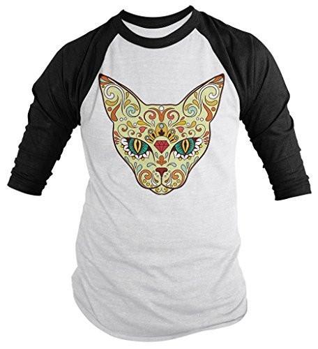 Shirts By Sarah Men's Cat Sugar Skull T-Shirt 3/4 Sleeve Hipster Shirts-Shirts By Sarah