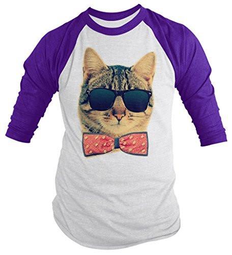 Shirts By Sarah Men's Funny Hipster Cat Shirt 3/4 Sleeve Raglan Kitty Shirts Bow Tie-Shirts By Sarah