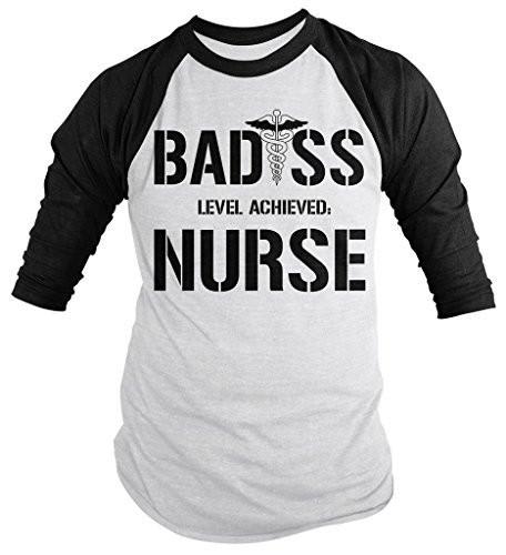 Shirts By Sarah Men's Funny Nurse Tee Bad*ss Level Achieved Hilarious 3/4 Sleeve Raglan Shirt-Shirts By Sarah