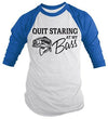 Shirts By Sarah Men's Funny Fishing T-Shirt Quit Starring At My Bass 3/4 Sleeve Raglan