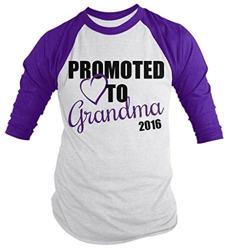 Shirts By Sarah Women's Promoted To Grandma 2016 Shirt Grandparents Baby Reveal 3/4 Sleeve Raglan Shirts-Shirts By Sarah