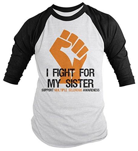 Shirts By Sarah Men's Multiple Sclerosis Awareness Shirt 3/4 Sleeve Fight For Sister Fist Orange Ribbon-Shirts By Sarah