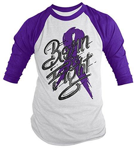 Shirts By Sarah Men's Purple Ribbon Awareness Shirt Born To Fight 3/4 Sleeve Raglan-Shirts By Sarah