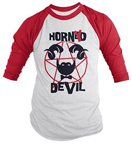 Shirts By Sarah Men's Funny Horny Devil Shirt Hilarious 3/4 Sleeve Raglan Hipster Shirts-Shirts By Sarah