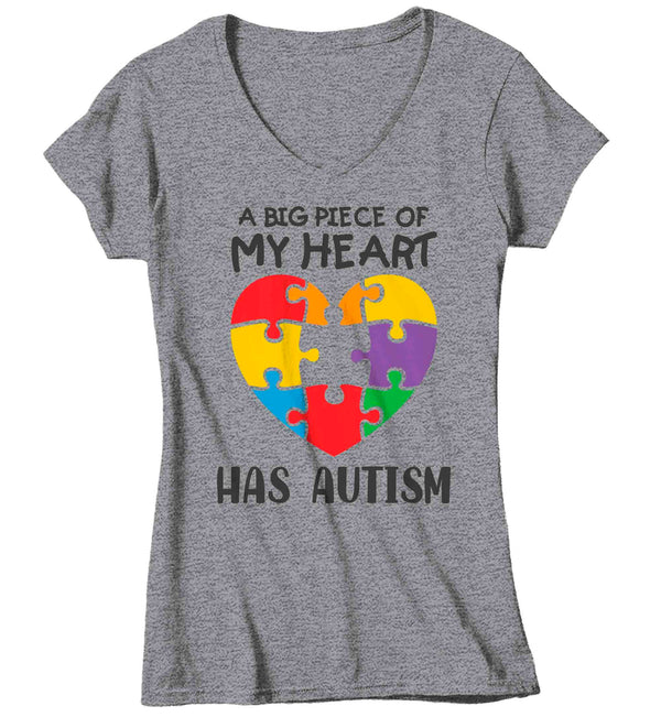 Women's V-Neck Autism T Shirt Piece Of My Heart Shirt Awareness T-Shirt Spectrum Disorder TShirt Autistic ASD Tee Graphic Tee Ladies Woman-Shirts By Sarah