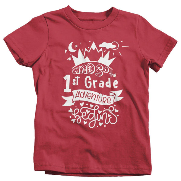 Kids Cute 1st Grade T Shirt Typography Adventure Begins Shirt Boy's Girl's First Grade Back To School TShirt-Shirts By Sarah