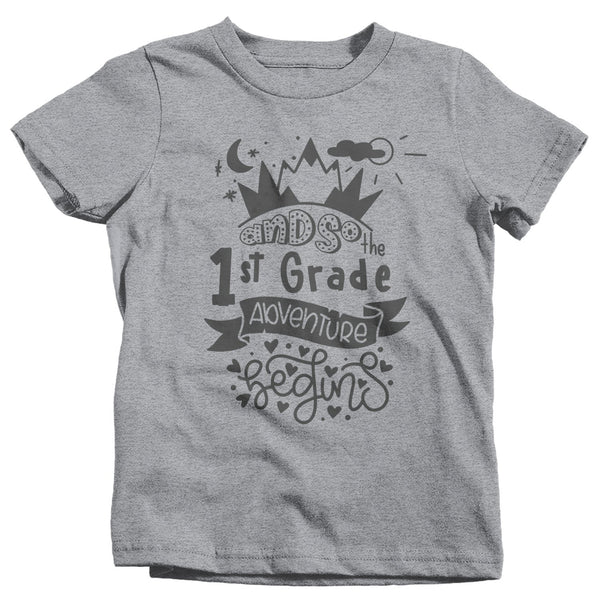 Kids Cute 1st Grade T Shirt Typography Adventure Begins Shirt Boy's Girl's First Grade Back To School TShirt-Shirts By Sarah