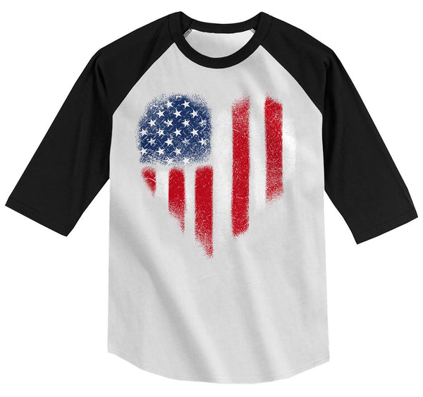 Boy's American Heart Flag T-Shirt 4th July Distressed Tee 3/4 Sleeve Raglan-Shirts By Sarah