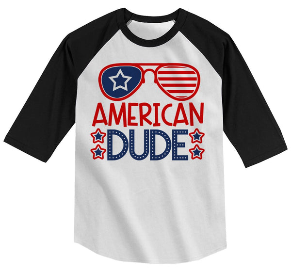 Boy's American Dude 4th July Hipster T-Shirt Glasses Tee 3/4 Sleeve Raglan-Shirts By Sarah