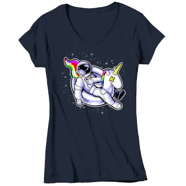 Women's V-Neck Astronaut Shirt Unicorn Floatie T Shirt Floating In Space Shirt Galaxy Float Hipster Geek Graphic Tee Streetwear Ladies V-Neck-Shirts By Sarah
