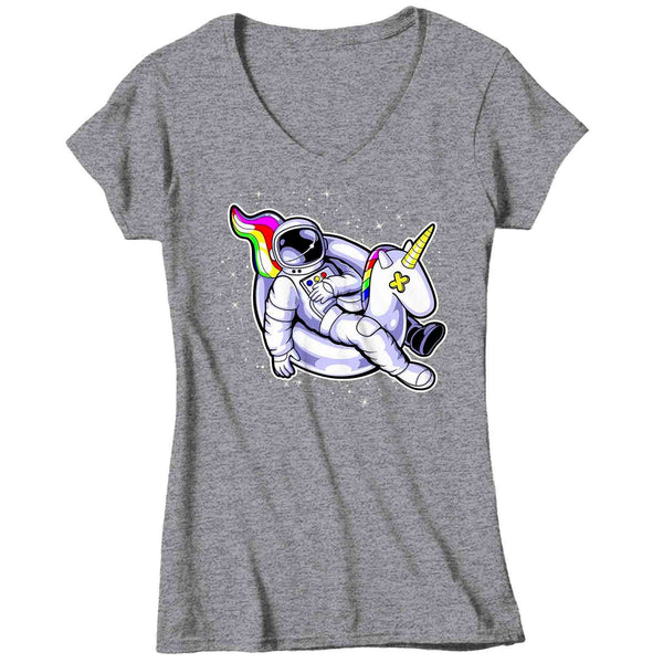 Women's V-Neck Astronaut Shirt Unicorn Floatie T Shirt Floating In Space Shirt Galaxy Float Hipster Geek Graphic Tee Streetwear Ladies V-Neck-Shirts By Sarah