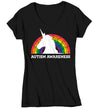 Women's V-Neck Autism Unicorn T Shirt Puzzle Rainbow Shirt Colorful Tee Autism Awareness Month April Autistic Gift Shirt Ladies Woman TShirt