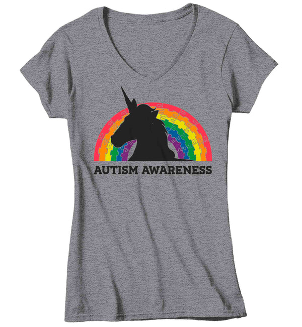 Women's V-Neck Autism Unicorn T Shirt Puzzle Rainbow Shirt Colorful Tee Autism Awareness Month April Autistic Gift Shirt Ladies Woman TShirt-Shirts By Sarah