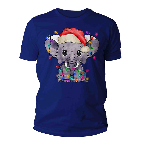 Men's Christmas Shirt Baby Elephant XMas Lights T Shirt Cute Tee Tree Lights Santa Hat Pachyderm Holiday Funny Graphic Tshirt Unisex Man-Shirts By Sarah