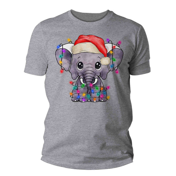 Men's Christmas Shirt Baby Elephant XMas Lights T Shirt Cute Tee Tree Lights Santa Hat Pachyderm Holiday Funny Graphic Tshirt Unisex Man-Shirts By Sarah