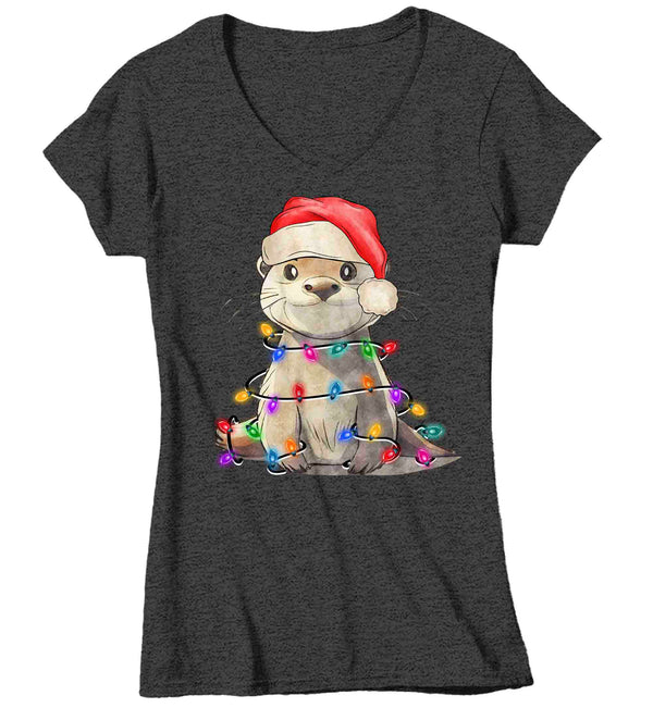 Women's V-Neck Christmas Shirt Baby Otter XMas Lights T Shirt Cute Tee Tree Lights Santa Hat Sea Otter Holiday Funny Graphic Tshirt Ladies-Shirts By Sarah