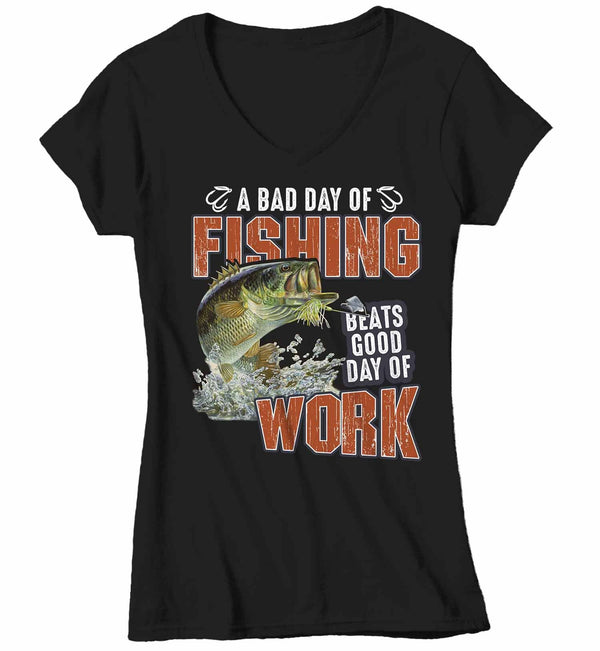 Women's V-Neck Funny Fishing T Shirt Bad Day Fishing Shirt Beats Good Day Work Shirt Fisherman Shirt Fishing Gift-Shirts By Sarah