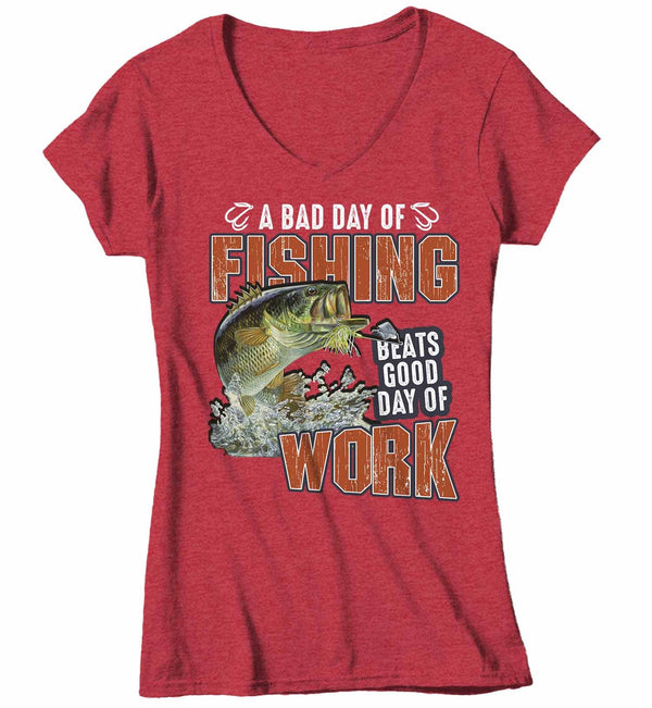 Women's V-Neck Funny Fishing T Shirt Bad Day Fishing Shirt Beats Good Day Work Shirt Fisherman Shirt Fishing Gift-Shirts By Sarah