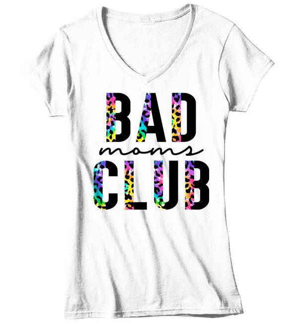 Women's V-Neck Funny Mom Shirt Bad Moms Club T Shirt Streetwear Tee Rainbow Leopard TShirt Mother's Day Mama Ladies V-Neck Soft Tee-Shirts By Sarah