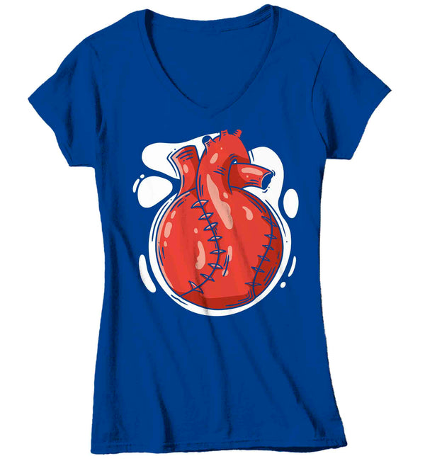 Women's V-Neck Baseball T Shirt Funny Softball Shirt Heartbeat Heart Bleed Baseball Love Baller TShirt Gift Ladies Soft Graphic Tee Mom-Shirts By Sarah