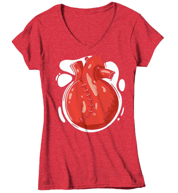 Women's V-Neck Baseball T Shirt Funny Softball Shirt Heartbeat Heart Bleed Baseball Love Baller TShirt Gift Ladies Soft Graphic Tee Mom-Shirts By Sarah