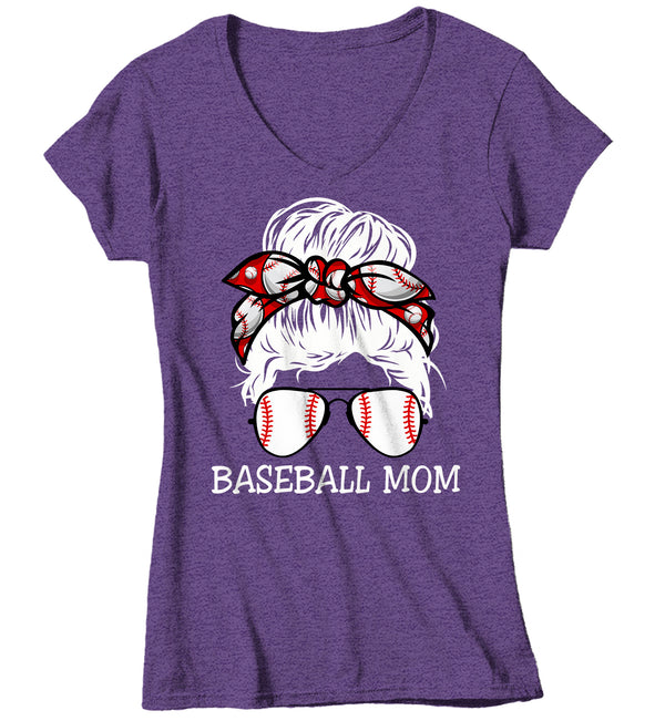 Women's V-Neck Cute Baseball Mom Shirt Messy Bun T Shirt Baseball Mom Tee Hair Bandana Graphic Tee Baller Mom Ladies V-Neck Soft-Shirts By Sarah