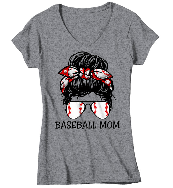 Women's V-Neck Cute Baseball Mom Shirt Messy Bun T Shirt Baseball Mom Tee Hair Bandana Graphic Tee Baller Mom Ladies V-Neck Soft-Shirts By Sarah