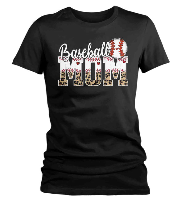 Women's Funny Baseball Mom T Shirt Leopard Print Mom Shirt Baseball Shirt Mother's Day Ball Shirt Baseball Quote Ladies Mom Tee-Shirts By Sarah