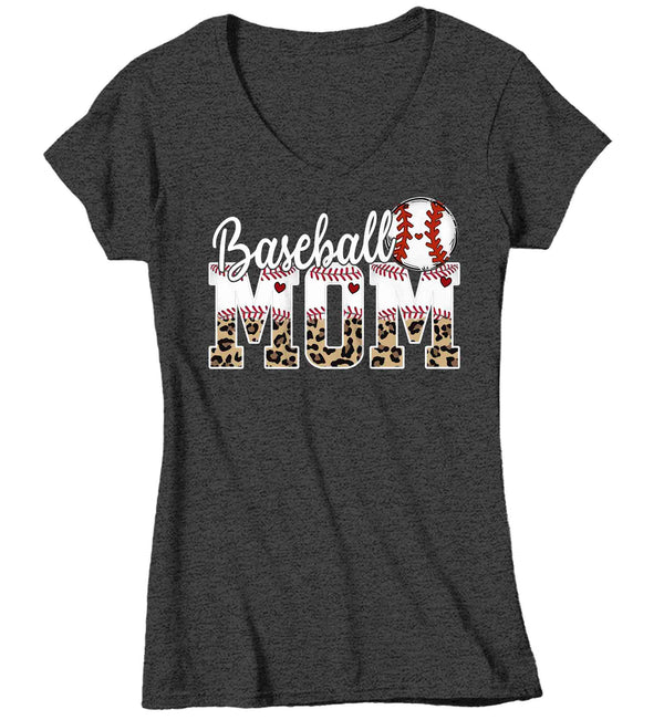 Women's V-Neck Funny Baseball Mom T Shirt Leopard Print Mom Shirt Baseball Shirt Mother's Day Ball Shirt Baseball Quote Ladies Mom Tee-Shirts By Sarah