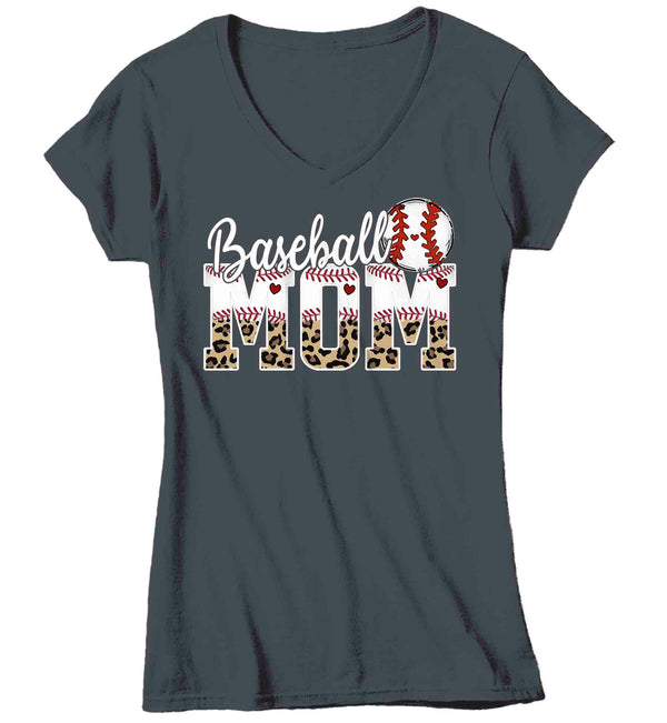 Women's V-Neck Funny Baseball Mom T Shirt Leopard Print Mom Shirt Baseball Shirt Mother's Day Ball Shirt Baseball Quote Ladies Mom Tee-Shirts By Sarah