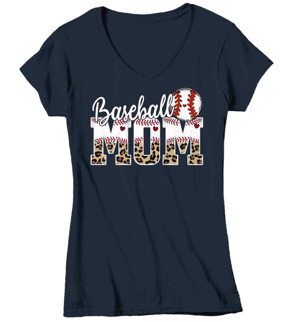 Women's V-Neck Funny Baseball Mom T Shirt Leopard Print Mom Shirt Baseball Shirt Mother's Day Ball Shirt Baseball Quote Ladies Mom Tee-Shirts By Sarah