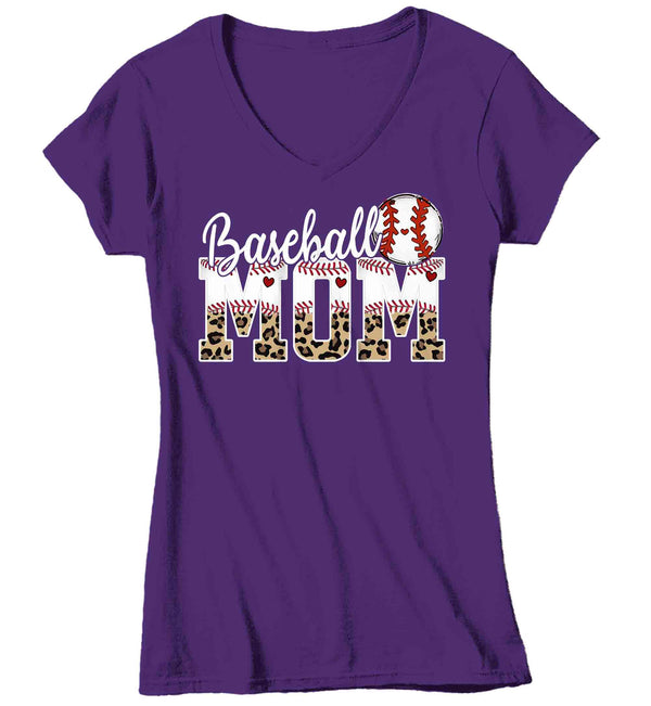 Women's V-Neck Funny Baseball Mom T Shirt Leopard Print Mom Shirt Baseball Shirt Mother's Day Ball Shirt Baseball Quote Ladies Mom Tee-Shirts By Sarah