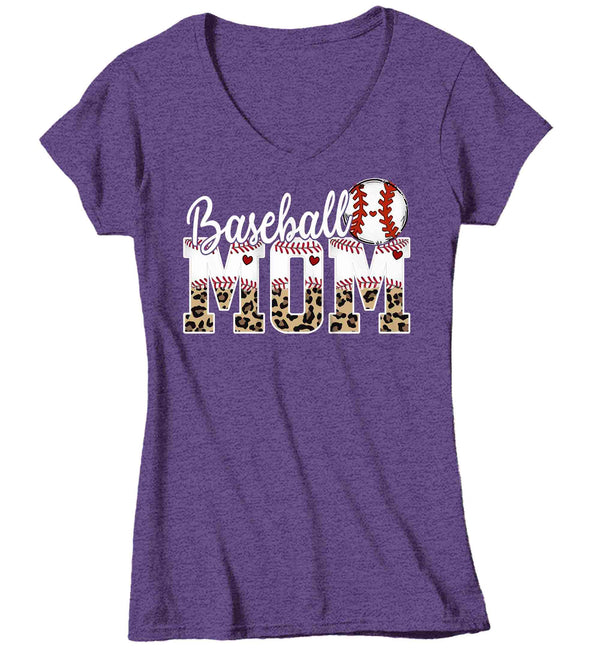 Women's V-Neck Funny Baseball Mom T Shirt Leopard Print Mom Shirt Baseball Shirt Mother's Day Ball Shirt Baseball Quote Ladies Mom Tee-Shirts By Sarah